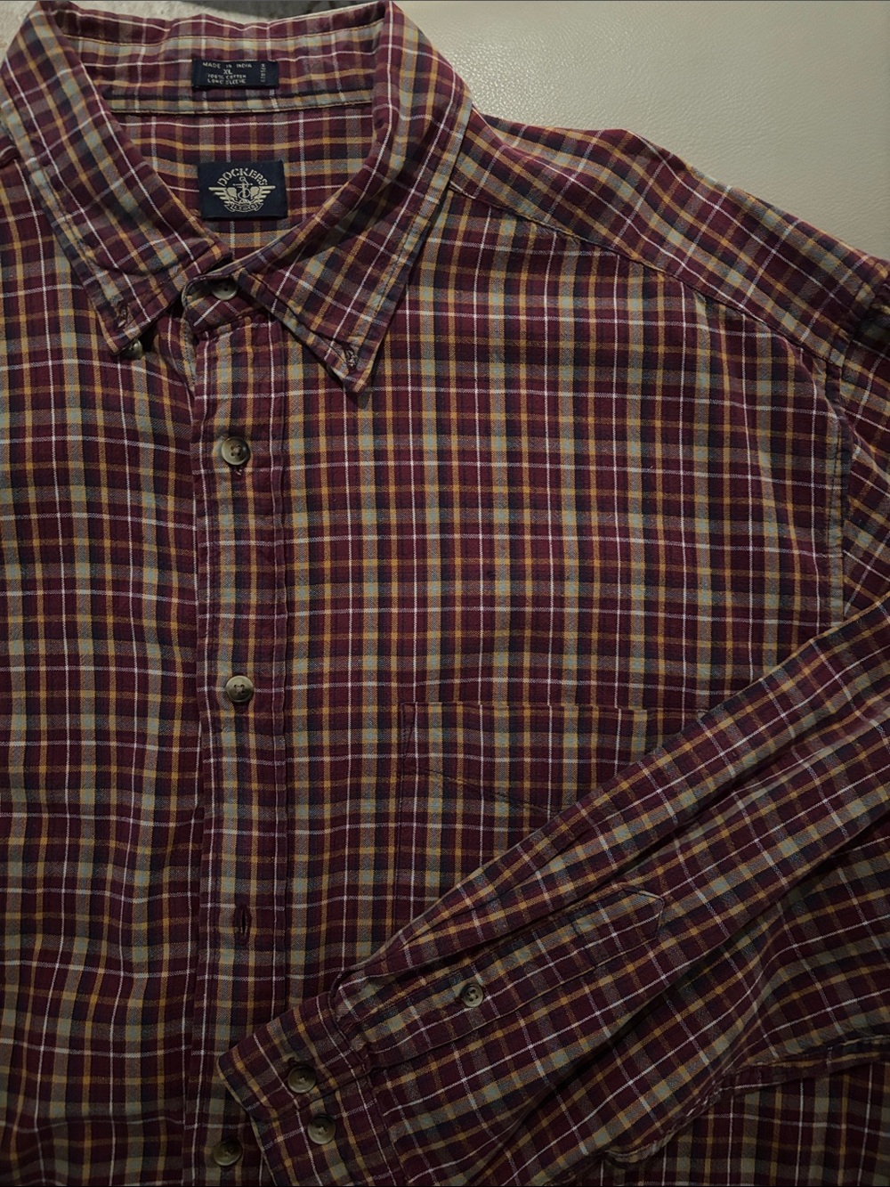 Dockers Men's Burgundy and Yellow Plaid Button-Down Shirt